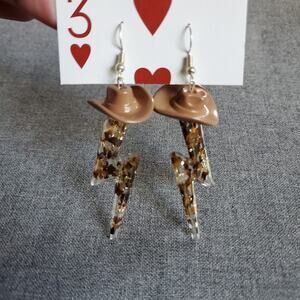 Hat lighting bolt unique western dangle earrings tigers eye stone inlay